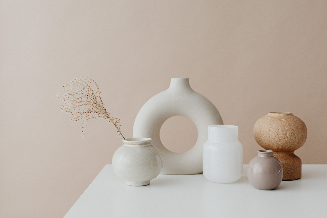 Sculptural neutral accessories selected for a staged interior